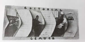 Cut-out pictures and handwritten notes assembled in a line. Border reads: "Editorial Leaves". Images of Troy writing.