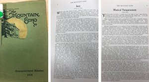 Green book cover reading "Mountain Echo" with tropical scene. Two texts written by Troy on music.