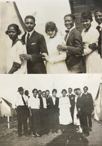 Two images of a group of students outside of a tent.