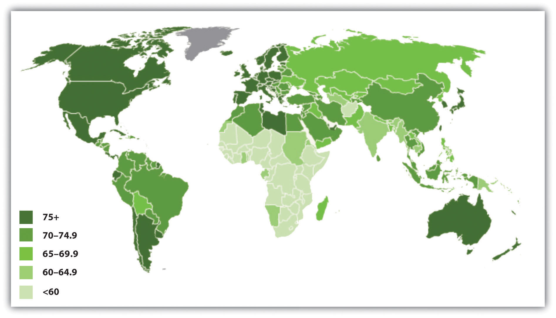 this image shows the Average Life Expectancy across the globe. Higher life expectancy areas include North America, Western Europe, and Australia. Lower life expectancy areas include most of Africa, and much of Southern Asia