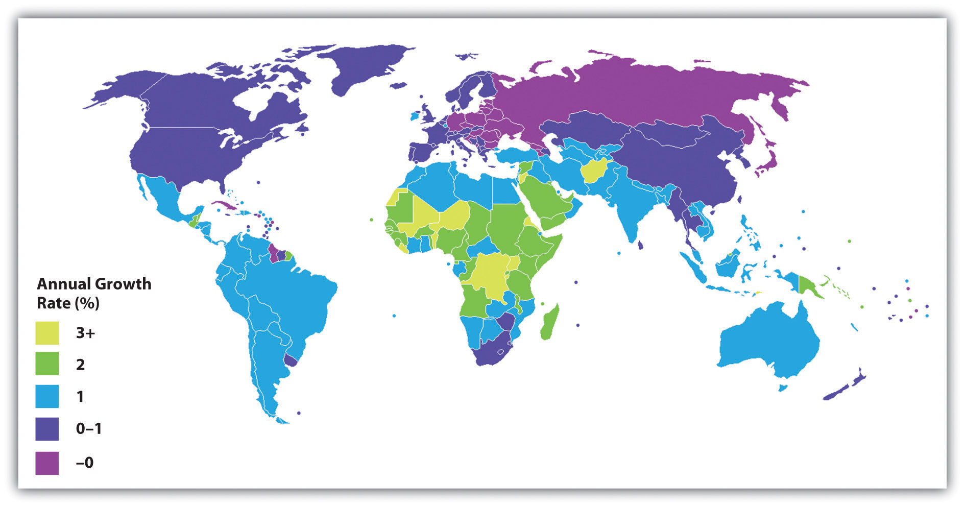 International Annual Population Growth Rates (%). Many countries in Africa are at high rate of growth, whereas countries like Russia and much of Eastern Europe are at an almost standstill