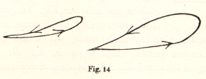 A line drawing of two shapes, illustrating motion of the bowing wrist and fingers.