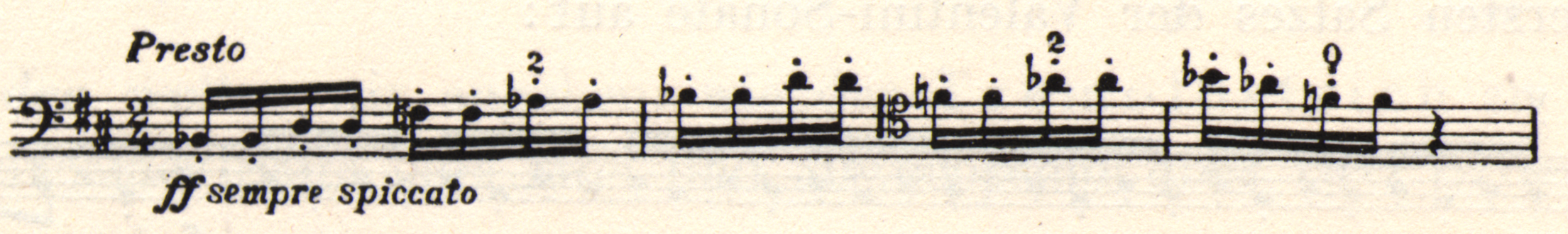 Musical notation. "Presto" is written above and "sempre spiccato" is written below.