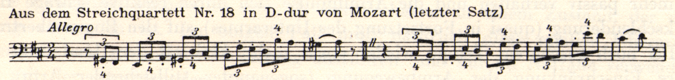 Musical notation. "Aus dem Streichquartett Nr. 18 in D-dur von Mozart (letzter Satz)" is written above.