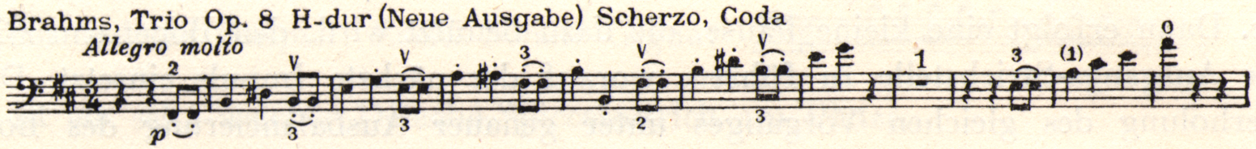 Musical notation. "Brahms, Trio Op. 8 H-dur (Neue Ausgabe) Scherzo, Coda)" is written above.