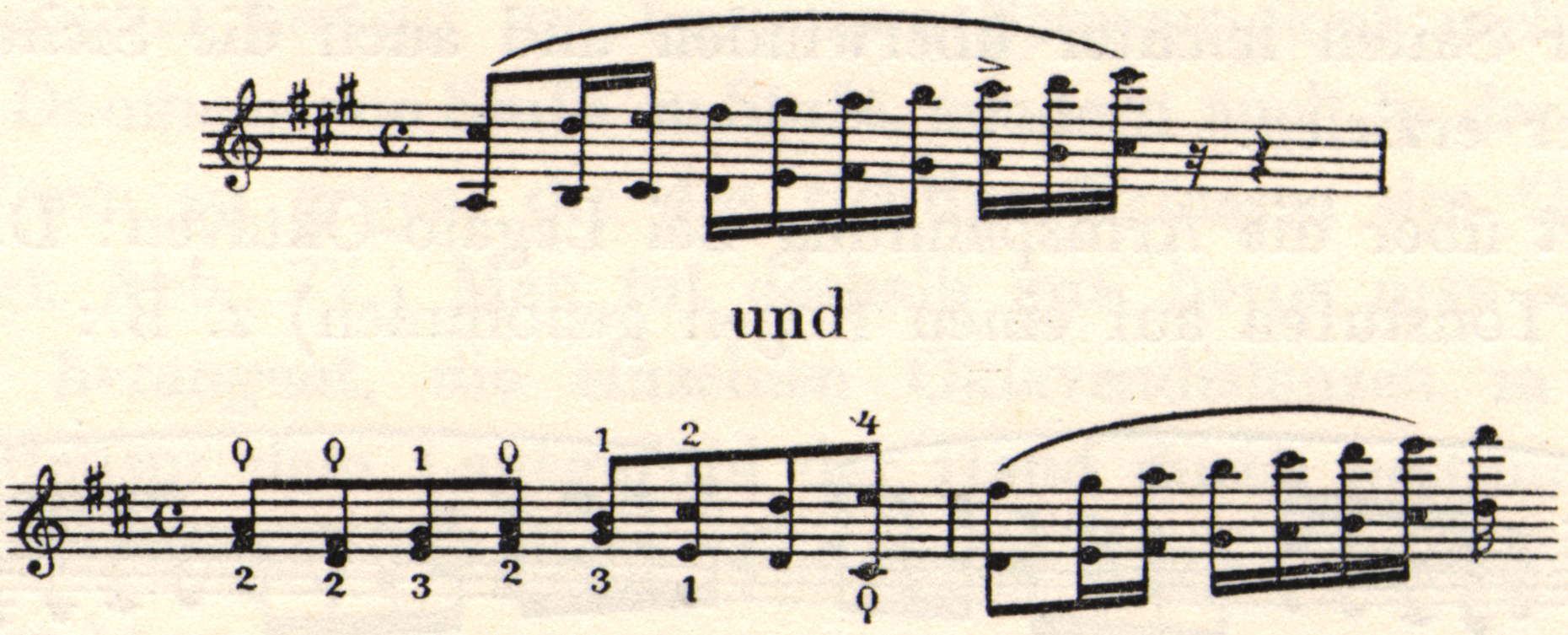 Two sections of musical notation with "und" written between