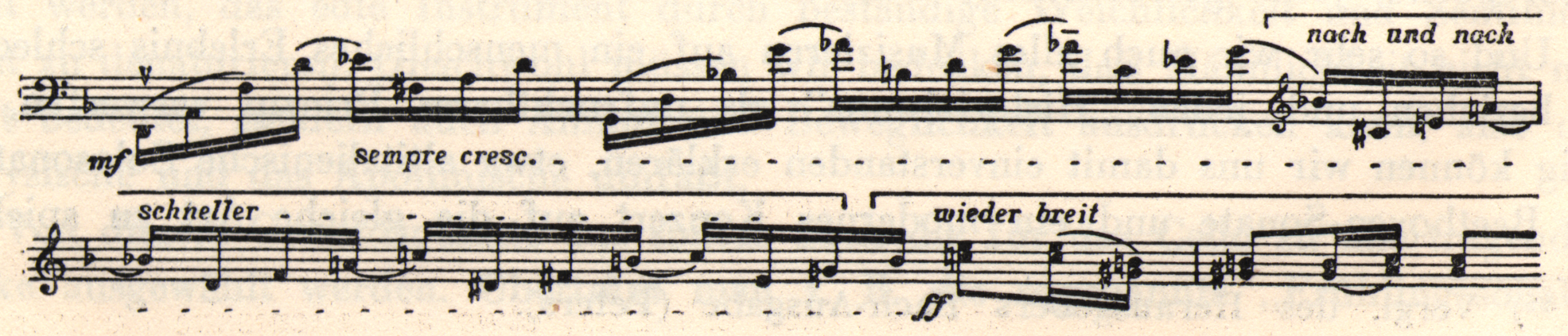 Musical notation. "Nach und nach," "schneller," and "wieder breit" are written above specific sections
