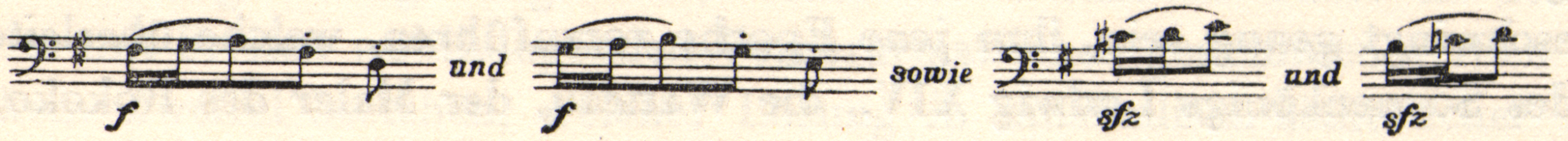 Musical notation in four sections. "Und," "sowie," and "und" are written between the sections