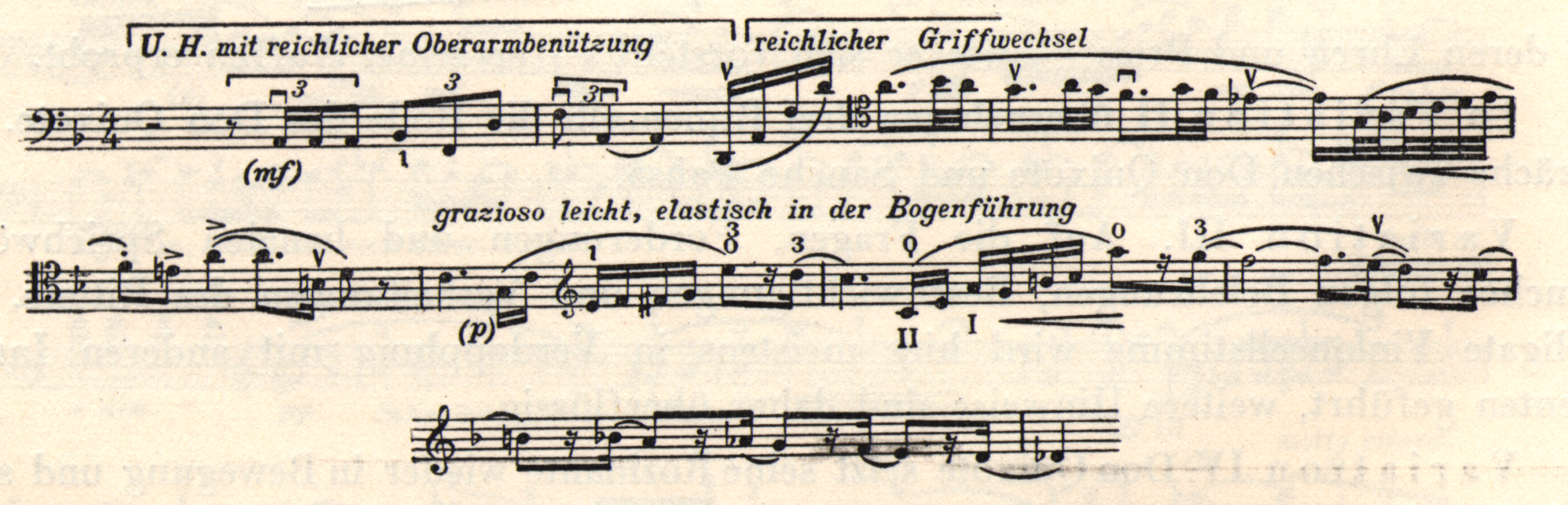 Musical notation. "H. mit reichlicher Oberarmbenützung," "reichlicher Griffwechsel," and "grazioso leicht, elastich in der Bogenführung" are written above specified sections.