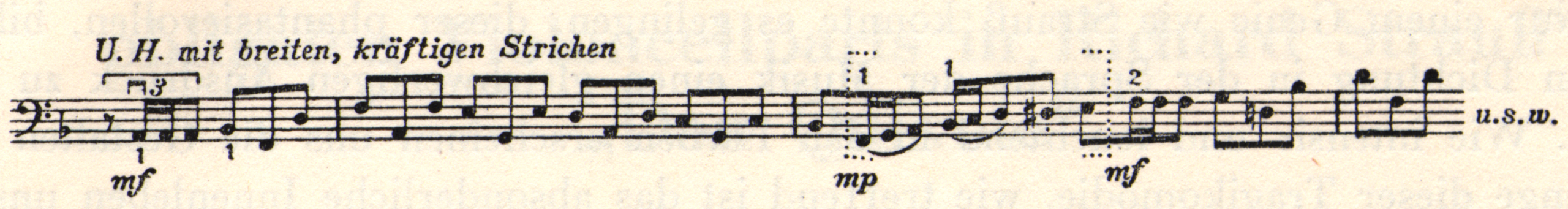 Musical notation. "U.H. mit breiten, kräftigen Strichen" is written above.