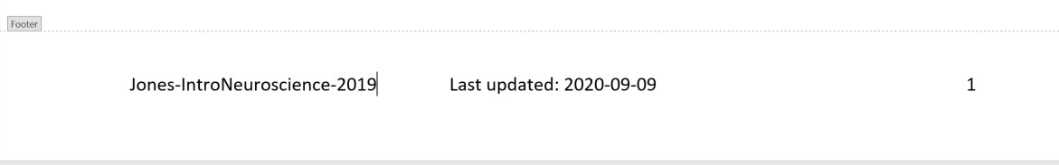 A three-column footer in Microsoft Word includes the name of the project on the left, the date that the document was last updated in the center (with the words “last updated:”), and the page number on the right.